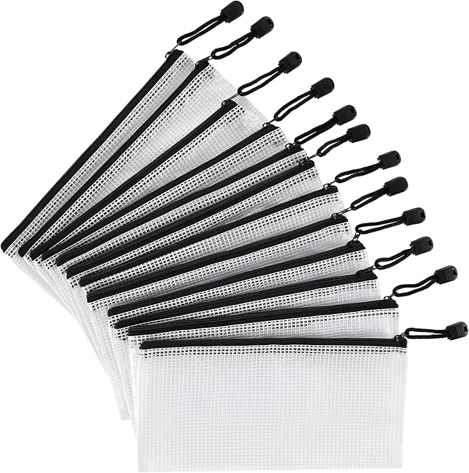 12 Pieces Plastic Mesh Zipper Pouch Bag/Zipper Envelope Document Storage Pouch Bag/Zip File Folder/Office Supplies Bills File Waterproof Zipper Pouche/Storage Pouch for Puzzle and Office