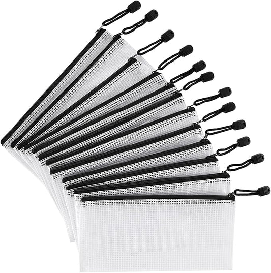 12 Pieces Plastic Mesh Zipper Pouch Bag/Zipper Envelope Document Storage Pouch Bag/Zip File Folder/Office Supplies Bills File Waterproof Zipper Pouche/Storage Pouch for Puzzle and Office