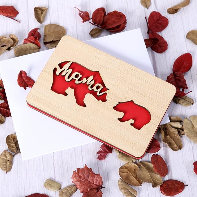 Handmade Birthday Card,Wooden Mother's Day Card from Daughter or Son,Mother's Day Gifts for Mum from Kids,Lovely Bear Baby and Mom Pattern Design,Unique Birthday Presents for Mum