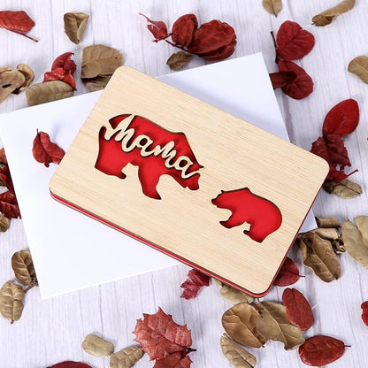 Handmade Birthday Card,Wooden Mother's Day Card from Daughter or Son,Mother's Day Gifts for Mum from Kids,Lovely Bear Baby and Mom Pattern Design,Unique Birthday Presents for Mum