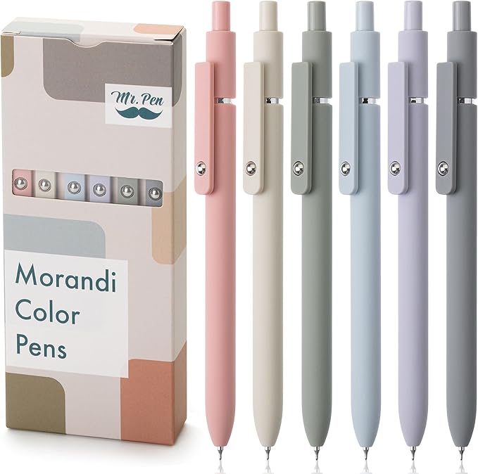 Mr. Pen - Retractable Fine Point Gel Pens, 6 Pack, Morandi Barrels, Fast Dry Ink, Cute Aesthetic Pens for Journaling