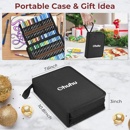 Ohuhu Markers for Adult Coloring Books: 120 Colors Brush Pens Dual Brush Fine Tip Drawing Pens Water-Based Coloring Markers for Calligraphy Bullet Journal with Carrying Case - Maui - Black