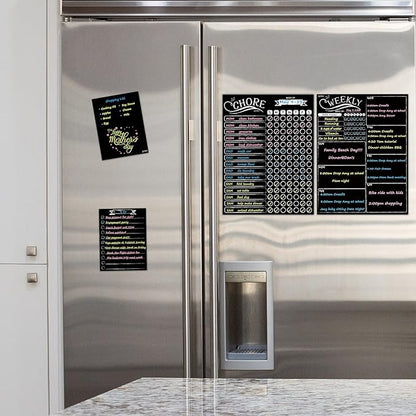 Magnetic Chalkboard Weekly Planner - Reward Chore Chart Blackboard Combo Set with Neon Bright Liquid Chalk Markers - Bonus Grocery List and Notepad Blackboard for Refrigerator Included