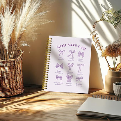 Coquette Purple Bows Bible Notebook,Aesthetic Composition Notebook, God Says I Am Christian Scripture Prayer Journal for Women, Hardcover Spiral Notebooks College Ruled 5.5 x 8.3 （Purple