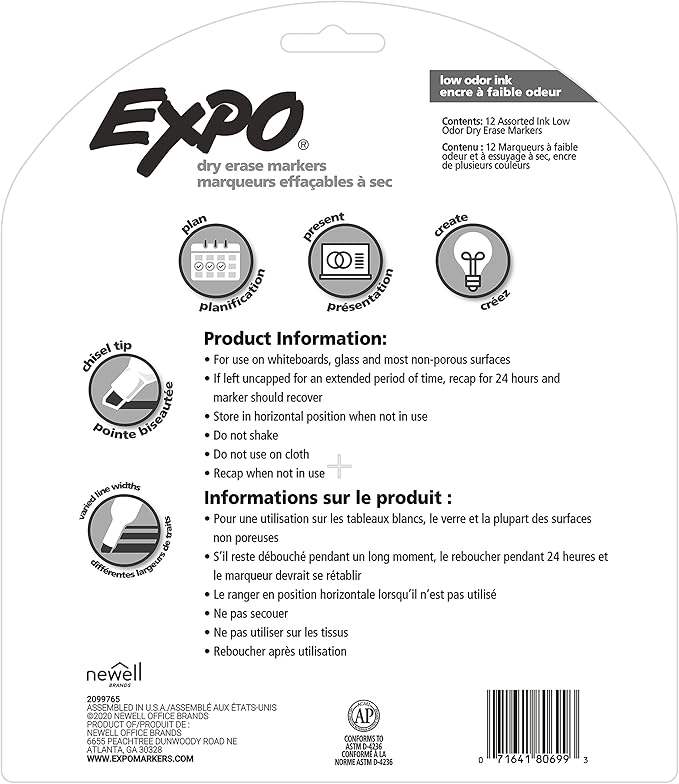 EXPO Low Odor Dry Erase Markers, Chisel Tip, Assorted Colors, 12 Count