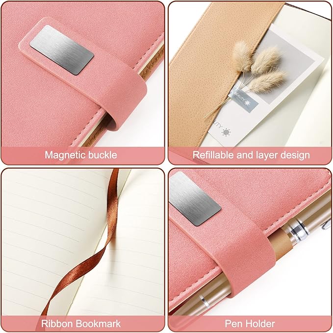 A5 Lined Leather Journal with Pen, 240 Pages Refillable Hardcover Notebook with Pocket and Magnetic Buckle, 80gsm Thick Daily Diary for Men and Women, Great Gift for Business Travel Personal - Pink