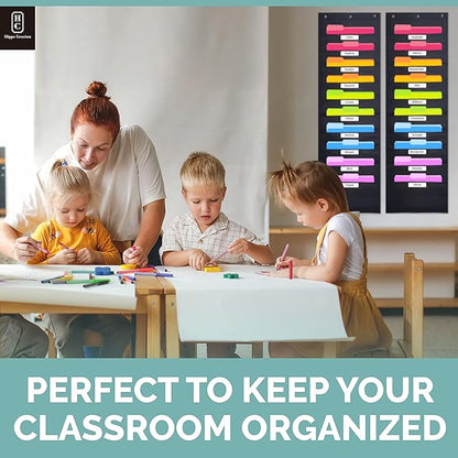 Hippo Creation Storage Pocket Chart for Classroom, 10 Pocket Storage Organizer with 6 Over-Door Hangers, Hanging Wall Organizer for File Folders, School Mailbox, Home Office Papers - Black, 2 Pack
