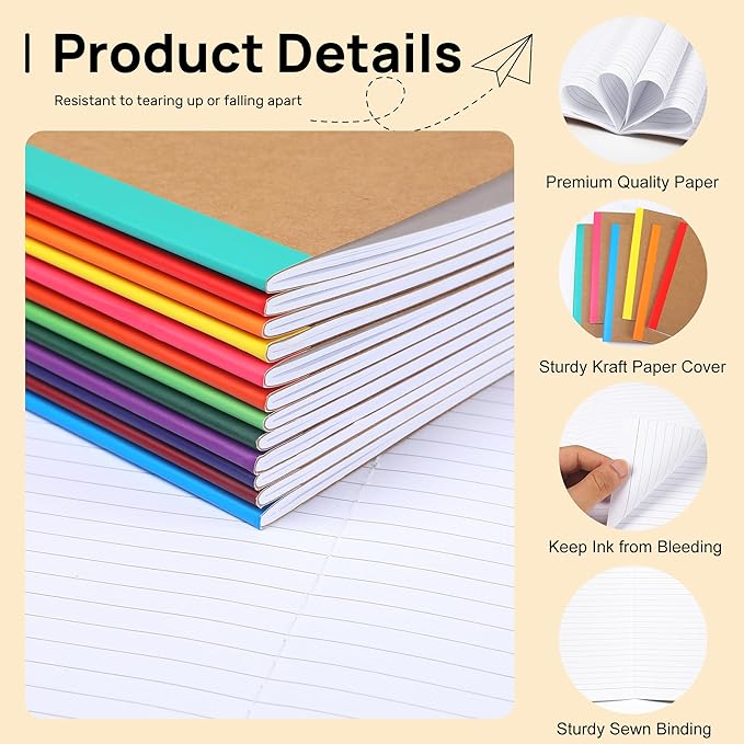 miikoul 24 Pack Composition Notebooks Bulk, A5 Kraft Lined Notebooks College Ruled Journal withs Rainbow Spines, 60 Pages Travel Journals for School Office Supplies,8.3"x 5.5",12 Colors