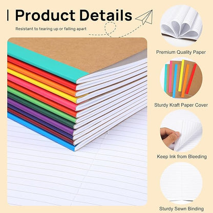 miikoul 24 Pack Composition Notebooks Bulk, A5 Kraft Lined Notebooks College Ruled Journal withs Rainbow Spines, 60 Pages Travel Journals for School Office Supplies,8.3"x 5.5",12 Colors