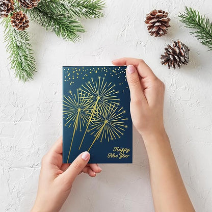 Dessie Boxed Happy New Year Cards - 30 Luxurious Large 5x7 inch Greeting Cards in Vibrant Colors with Gold Foil Accents, Short Greetings Inside. Includes 32 White Envelopes and Sturdy Storage Box