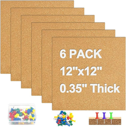 6 Packs Cork Board Tiles 12" x 12", 0.35" Thick Self-Adhesive Cork Boards for Walls with 50 Push Pins, Square Bulletin Boards Cork Tiles for Home Office Decorative