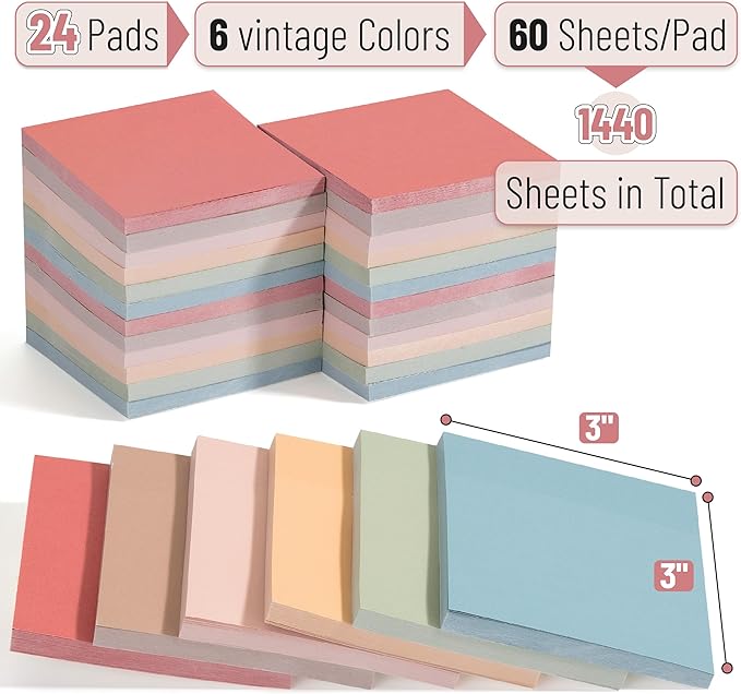Mr. Pen- Sticky Notes, 3”x3”, 24 Pads, Vintage Colors Sticky Notes, Sticky Note, Self-Stick Note Pads, Sticky Pads Sticky Notes Aesthetic, Colorful Sticky Notes, Sticky Notes Bulk, Bulk Sticky Notes