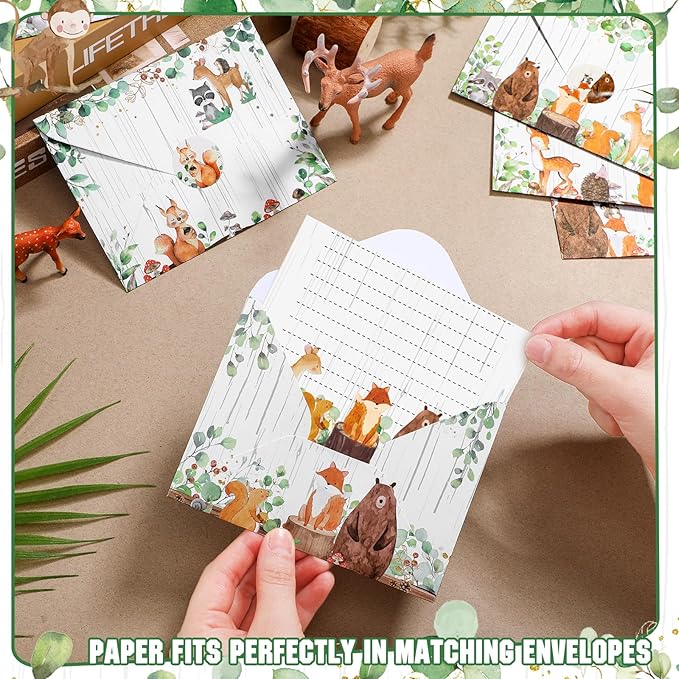 TaoBary 160 Packs Stationery Paper Set (50 Double Sided Stationery Writing Papers 50 Matching Envelopes) 60 Round Dot Sticker, 10 Design(Land Animal,5.5 x 8.25 Inch)