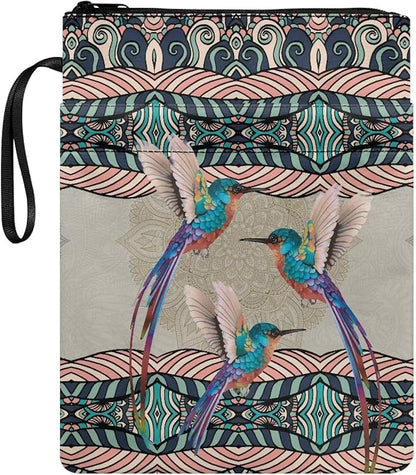 COEQINE Aesthetic Hummingbirds Aztec Style Book Cover with Zipper and Handle for Portable Travel Accessories Washable Fashion Book Lovers Book Protection Pouch