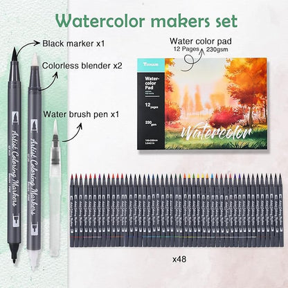 Watercolor Pens Set, 48-Color Dual Tip Paint Markers, Water-Based Coloring Markers with 1 Aquapen, 2 Colorless Blenders, 1 Black Marker, and 12-Page Pad, Art Supplies for Artists & Beginners