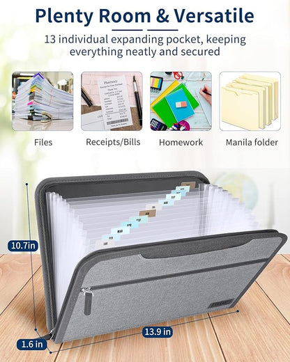 Sooez Heavy Duty Accordion File Organizer with Hidden Handle, Portable 12 Pockets Expanding File Folders, Cloth Monthly Bills Receipt Organizer for Letter/A4, School Classroom Home & Office Supplies