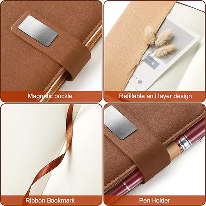 A5 Blank Journal Notebook, Refillable Hardcover Leather Sketchbook with Pocket and Magnetic Buckle, 240 Pages Thick Travel Sketchbooks for Drawing and Writing, 80gsm Unlined Journal for Men and Women