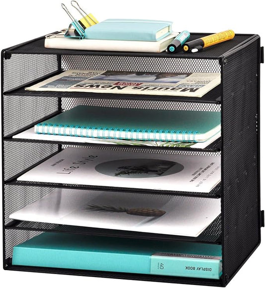 EASEPRES 5 Slot Mesh Desk Organizer Tray, File Paper Letter Folder Holder Desktop Paper Sorter Mail Organization Rack Storage Accessories, for Office Home School Classroom, Black