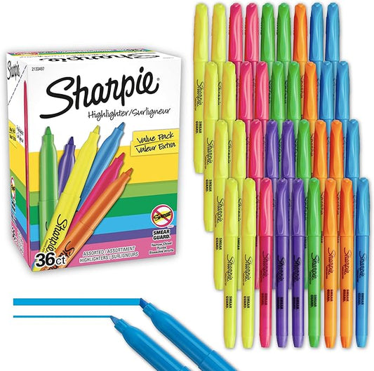 Sharpie Pocket Highlighters, Narrow Chisel Tip Highlighter Marker Set, Pack Of 36 In 6 Assorted Fluorescent And Pastel Highlighters, Ideal For Office Supplies, Teacher Supplies, And School Supplies