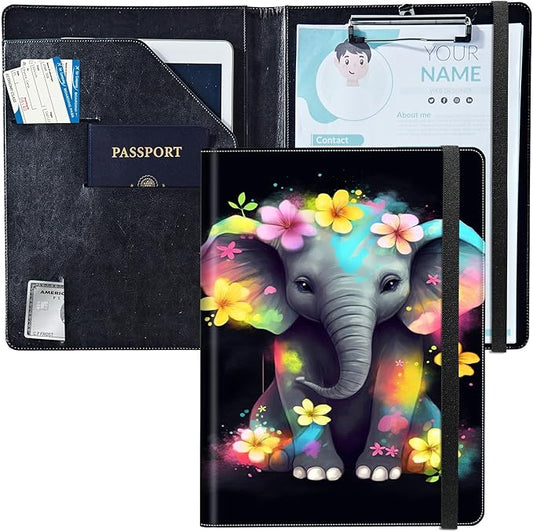 PU Leather Padfolio Clipboard Notepad with Pen Loop and Elastic Strap Interview/Resume Document Organizer for Business School Office,Elephant with Flowers