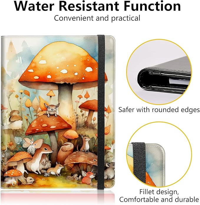 PU Leather Padfolio Clipboard Notepad with Pen Loop and Elastic Strap Interview/Resume Document Organizer for Business School Office,Watercolor Mushroom