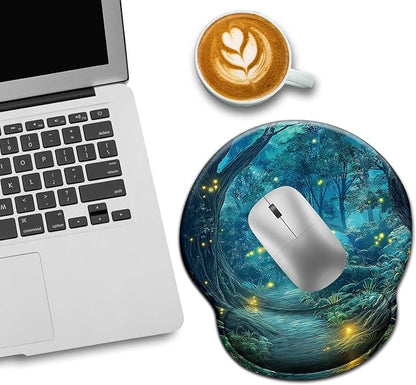 Firefly Forest Mouse Pad with Wrist Rest, Ergonomic Mouse Pad Wrist Support with Non-Slip Pain Relief PU Base, Funny Computer Mousepad, Cute Office Supplies Home Desk Accessories Decor