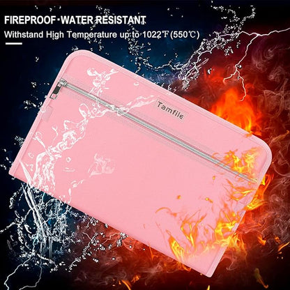 Fireproof Safe Accordion File Organizer Bag Folder,Waterproof Expanding Filing Folder with 14 Pockets, A4 Letter Size, Document Organizer Holder and Color Labels /2 Zipper (Pink 14.3" x 9.8")