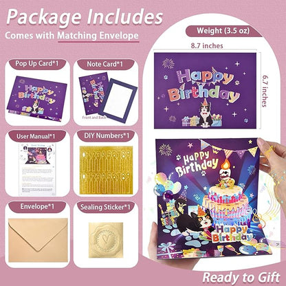 OBSEDE 3D Musical Pop Up Cat Birthday Cards for Women Men Light Blowable LED Candle Happy Funny Cake Colorful Greeting Cute Singing Gifts for Mom Dad Wife Husband Daughter Son Lovers with DIY Numbers