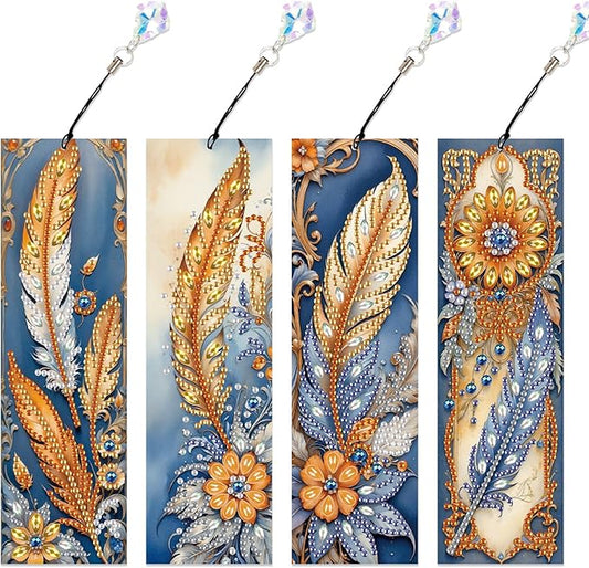 4-Piece 5D Diamond Painting Bohemian Style Bookmarks Set, DIY Craft Kit with Rhinestones – Unique Flower and Feather Designs, Handmade Art Craft Bookmarks with Tassels, Ideal Gift for Book Lovers