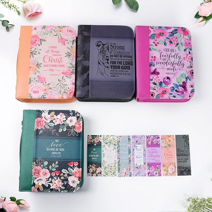 Bible Cover Case for Women with 7 Beautiful Paper Bookmarks Floral PU Leather Bible Cover Bag with Pockets and Zipper for Standard and Large Size Study Bible 10.8"x7.8"x2" (Dark Green)