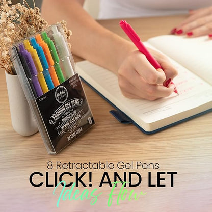 Loddie Doddie Gel Pens - 8-Pack 0.7 mm Medium Point Retractable, No Bleed, Smooth Writing Neon Ink for Journaling & Note Taking