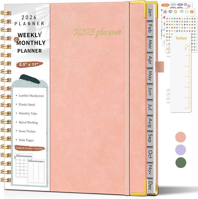 2026 Planner, Weekly and Monthly Calendar Planner from January 2026 - December 2026, 8.5" x 11" Hardcover Leather Hourly Appointment Book with Tabs, Spiral Daily Planners for College School Work Home, Pink