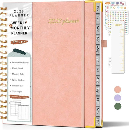 2026 Planner, Weekly and Monthly Calendar Planner from January 2026 - December 2026, 8.5" x 11" Hardcover Leather Hourly Appointment Book with Tabs, Spiral Daily Planners for College School Work Home, Pink