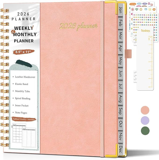 2026 Planner, Weekly and Monthly Calendar Planner from January 2026 - December 2026, 8.5" x 11" Hardcover Leather Hourly Appointment Book with Tabs, Spiral Daily Planners for College School Work Home, Pink