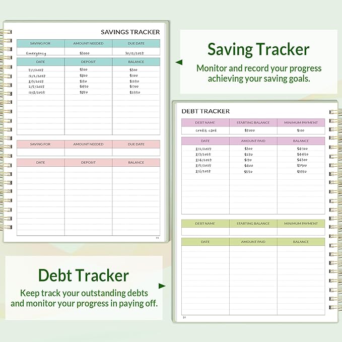 SUNEE Budget Planner - Monthly Budget Book with Expense Tracker Notebook, Undated 12 Month Bill Organizer & Finance Planner to Manage Your Money, A5(6.4" x 8.3") Account Book with Colorful Tab, Green