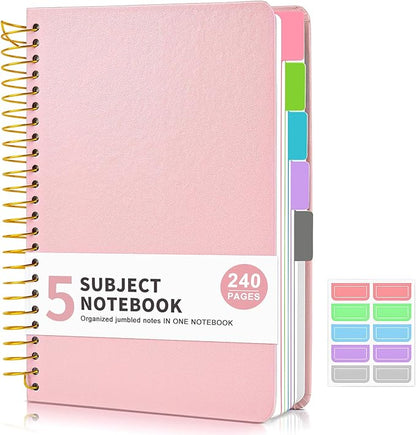5 Subject Notebook College Ruled, Hardcover Spiral Notebook with Removable Pocket Dividers Tabs, 240 Pages Lined Spiral Journal Notebook for Women, 6x8.5 Notebooks for Work School Note taking A5 Pink