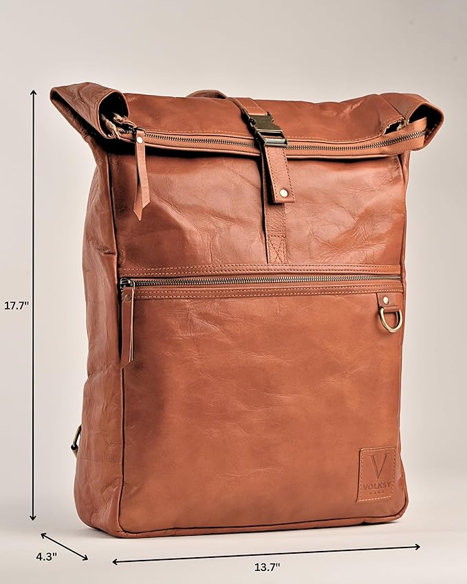 Genuine Leather Backpack for Men, Large Roll Top Backpack, Laptop Bookbag, Roll On Vintage Rucksack for College, Work & Travel, Brown, X-Large - 17.3 Inch