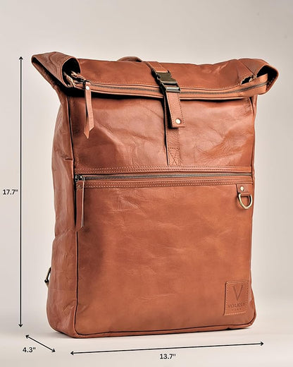 Genuine Leather Backpack for Men, Large Roll Top Backpack, Laptop Bookbag, Roll On Vintage Rucksack for College, Work & Travel, Brown, X-Large - 17.3 Inch