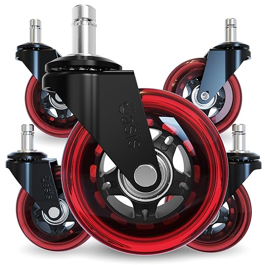 The Original Roller Blade Office Chair Wheels (As Seen On PBS) - Incredibly Smooth & Quiet Rolling Casters - Safe for Hardwood Floors & Carpet - Easy Installation with Universal Fit - Set of 5 - Red