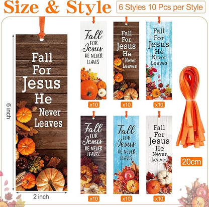 60 Pcs Fall for Jesus He Never Leaves Bookmark Religious Christian Bookmarks Autumn Thanksgiving Exchange Gifts for Church Home Party Favors