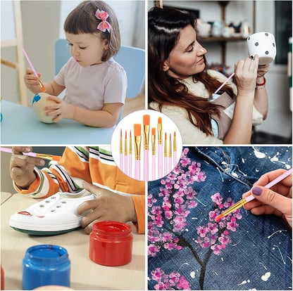 ESRICH Acrylic Paint Brushes Set, 8Packs /80 Pcs, Nylon Brush Head, Suitable for Acrylic, Oil, Watercolor,Rock Body Face Nail Art,Perfect Suit of Art Painting, Best Gift for Kids Adult Drawing(Pink)