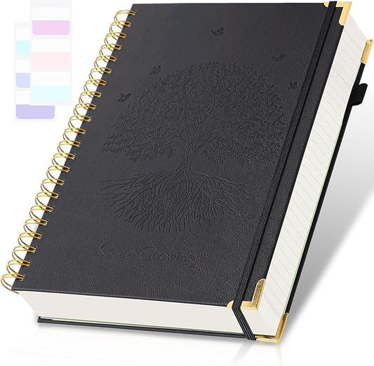 Spiral Notebook, College Ruled Notebook, 8" x 10", 300 Pages Leather Journals for Writing, B5 Hardcover Journaling Notebooks for Work School, 24pcs Tabs, Large Embossed Journal for Women Men, Black