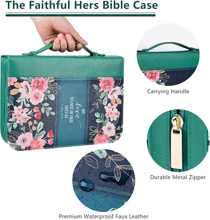 Bible Cover Case for Women with 7 Beautiful Paper Bookmarks Floral PU Leather Bible Cover Bag with Pockets and Zipper for Standard and Large Size Study Bible 10.8"x7.8"x2" (Dark Green)
