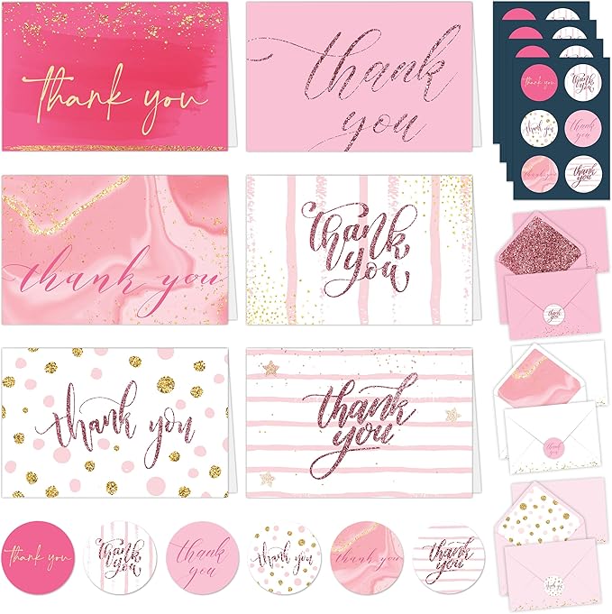 Decorably 24 Pack Glittery 6x4in Pink Thank You Cards with Envelopes and Stickers, 6 Elegant Designs Pink Thank You Notes, Blank Inside - Wedding, Baby Shower, Birthday