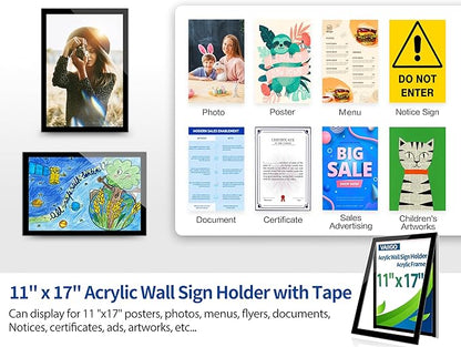 5Pack 11" x 17" Acrylic Sign Holder Wall Mount, Self Adhesive Magnetic Display Frame with Nano Tape and Strong Magnetic Border for Wall, Door, Glass, Home, Store, Office, Black