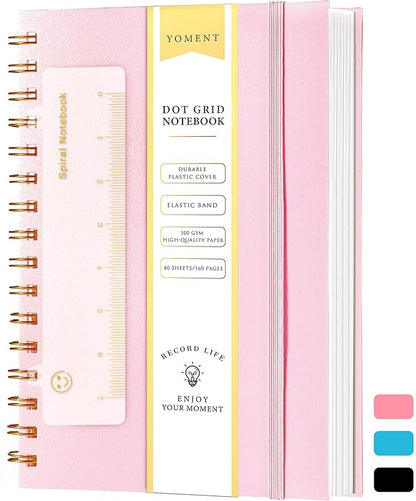 Dot Grid Spiral Notebook A5 Spiral Bullet Dotted Journal 160 Pages Thick Dot Paper Notebooks Plastic Hardcover Spiral Notebook 5x7 Wire Bound Notebooks for Note Taking School Office Supplies,Pink