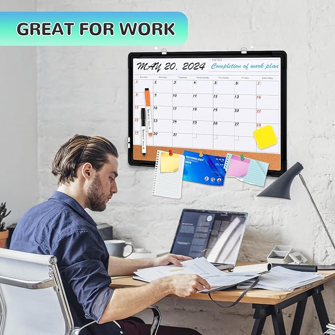 Monthly Calendar Whiteboard, 24"x18" Dry Erase Cork Board Combination for Wall, Magnetic Dry Erase Board, Double-Sided White Board, Portable Board for Office, Kitchen, Planning, Memo, School, Home