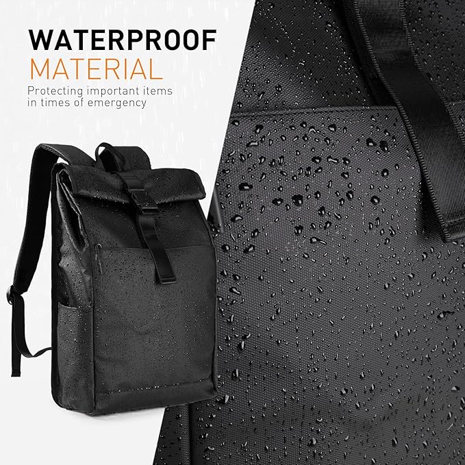 Roll Top Backpack -Lightweight, Water-Resistant, Expandable Casual Daypack for 13-16 Inch Laptop-Ideal for Work,City Commute,Campus -Adjustable Capacity 17-20L-Black