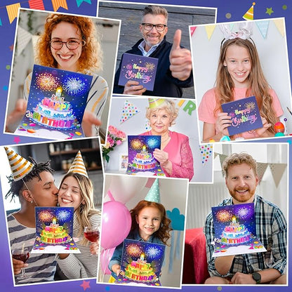 INPHER Birthday Cards Fireworks Pop Up Cake Blowable Light and Music Happy Birthday Card Gifts for Women Men Mom Kids