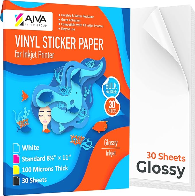 Printable Vinyl Sticker Paper - Waterproof Decal Paper for Inkjet Printer - 30 Self-Adhesive Sheets - Glossy White - Standard Letter Size 8.5"x11"